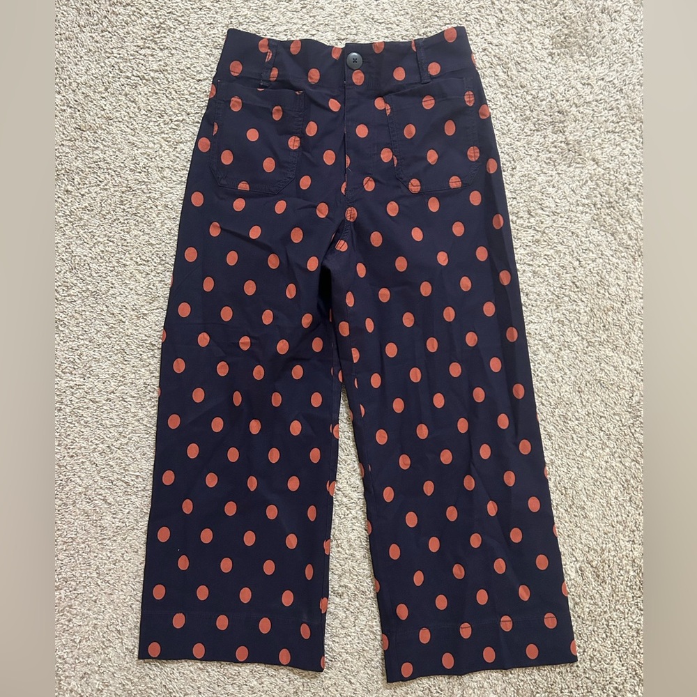 Maeve Anthropologie Navy Orange Polka Dot Colette Cropped Wide-Leg Pants 28P